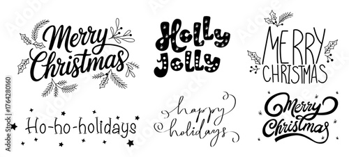 Black and white Christmas typography set featuring festive holiday quotes and lettering. Minimalist calligraphy and modern font designs for cards, prints, and seasonal decor
