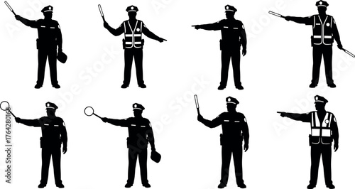 Traffic police silhouettes, vector officers signaling, road control poses, baton, paddle, uniformed figures, safety, direction, patrol, enforcement, authority