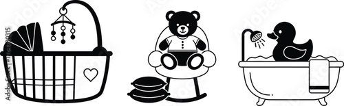Baby nursery icons set crib teddy bear bath duck vector art