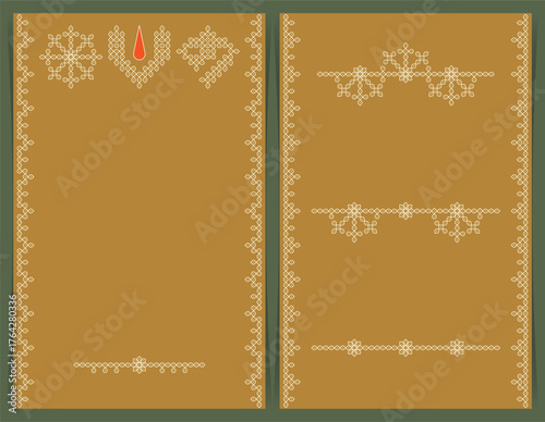 set of Indian Traditional and Cultural pulli or sikku Kolam invitation card design.