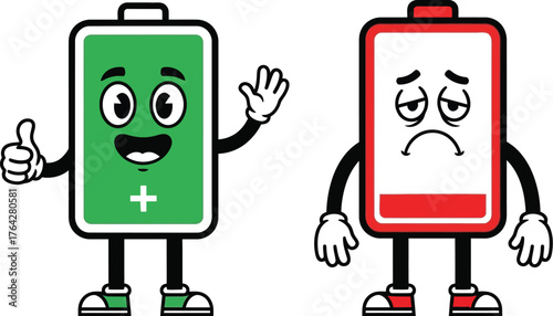Battery charge level full and low battery cartoon characters