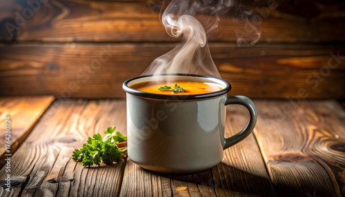 Taza metálica con sopa caliente humeante sobre mesa de madera