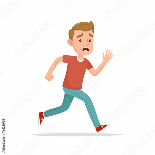 Cartoon man running with a scared expression wearing a red shirt.