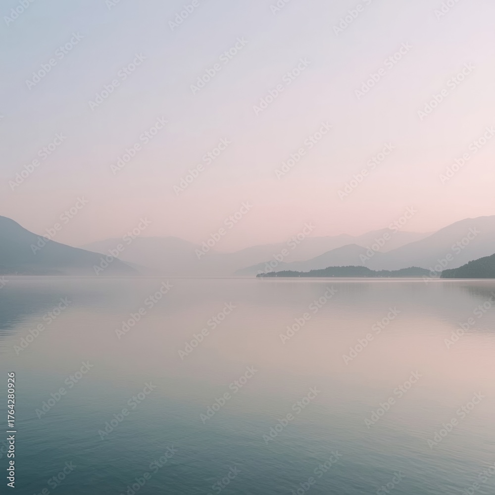 Fototapeta premium Serene lake reflecting soft pastel sky and distant misty mountains at dawn