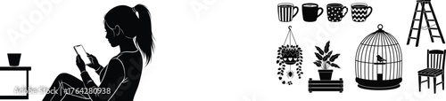 Black and white vector art of indoor home decor elements