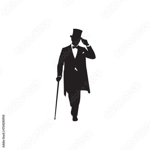elegant victorian gentleman silhouette tipping his top hat and holding a cane vector.