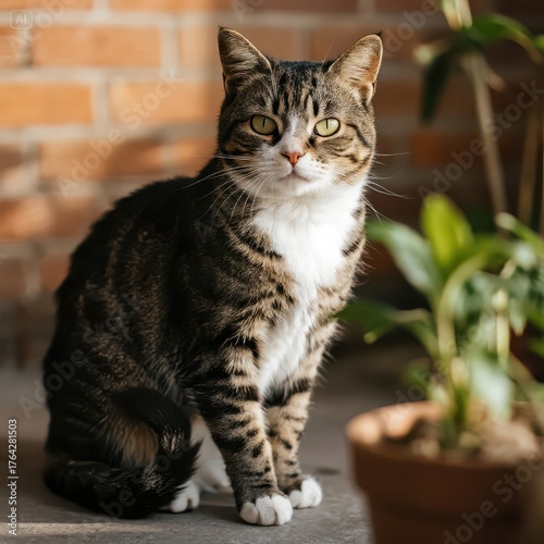 Wallpaper Mural A tabby cat sitting outdoors near a brick wall and a potted plant in natural light on a sunny day Torontodigital.ca