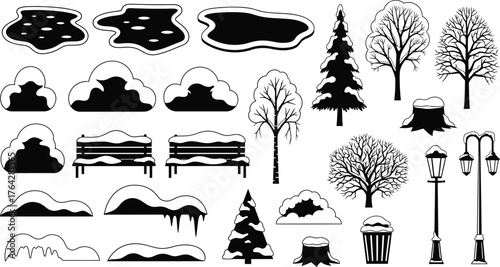 Winter landscape elements vector graphics black and white