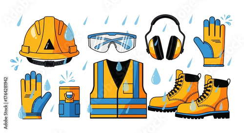 Rain safety work equipment illustration – waterproof protective gear and clothing for wet weather
