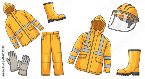 Protective rain gear and safety equipment set – yellow reflective clothing and waterproof workwear illustration