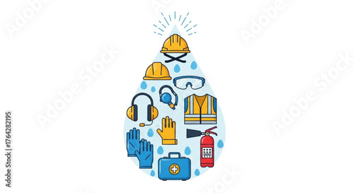 Safety equipment illustration inside water drop – workplace protection and rain safety concept