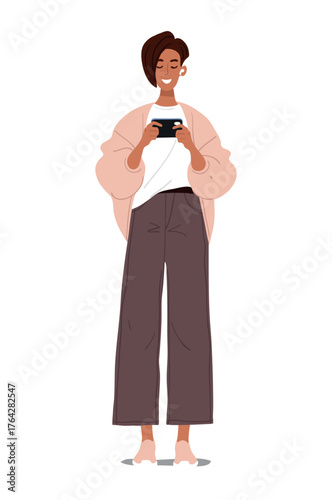 Smiling young person holding smartphone. Flat vector illustration isolated on white background. Communication and social media concept.