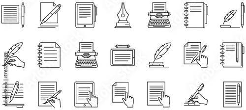 writing, pen, paper, tablet, notebook, quill, typewriter, document, hand, icon, sketch, outline, black, vector, text, writing icon, pen sketch, paper outline, tablet vector, notebook chart, quill symb