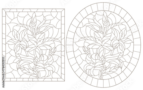 A set of contour illustrations in the style of stained glass with abstract flowers, dark outlines on a white background