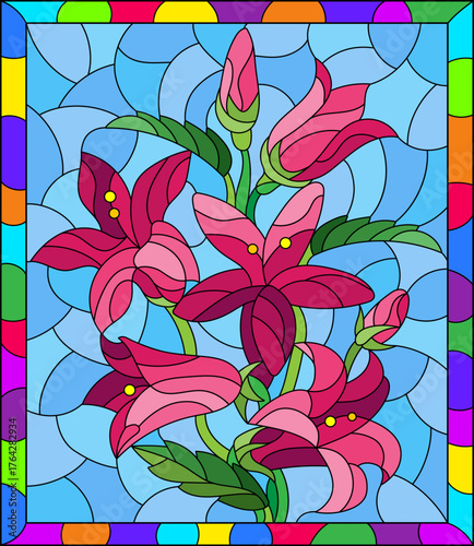 An illustration in the style of a stained glass window with a composition of flowers on a blue background in a frame