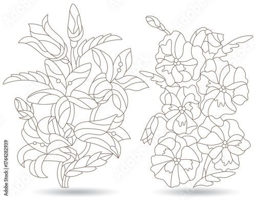 A set of contour illustrations in the style of stained glass with abstract flowers, dark outlines on a white background