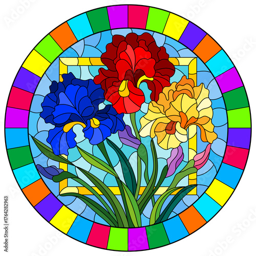 Wallpaper Mural Illustration in stained glass style with a bouquet of bright irises on a blue background Torontodigital.ca