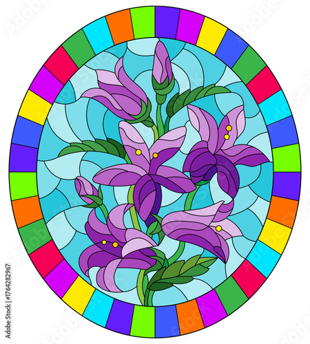 An illustration in the style of a stained glass window with a composition of flowers on a blue background in a frame