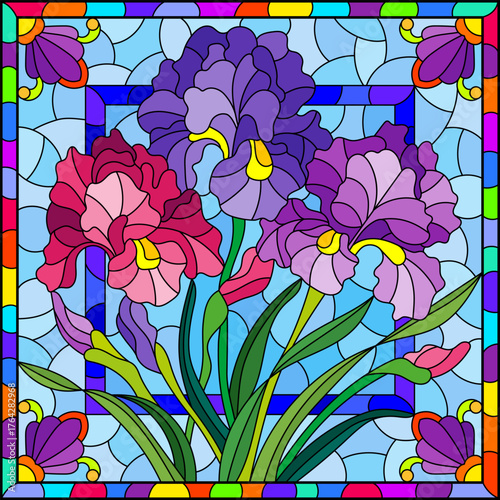 Illustration in stained glass style with a bouquet of bright irises on a blue background