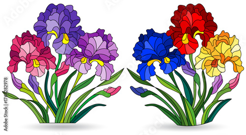 A set of illustrations in the style of stained glass with floral arrangements, bouquets of iris flowers isolated on a white background