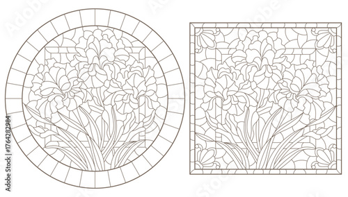 A set of contour illustrations of stained glass Windows with irises and butterflys, dark contours on a white background, oval and rectangular image