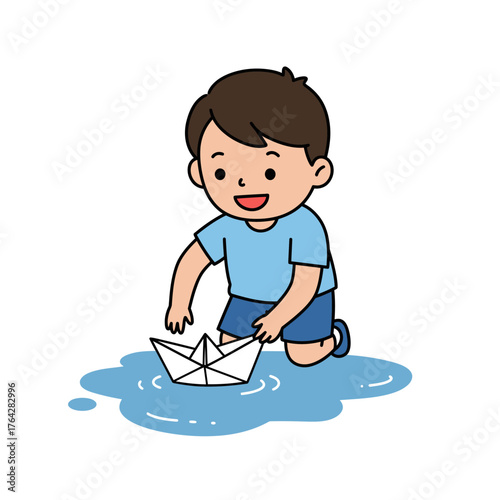 Smiling Cartoon Boy Kneeling Playing with White Paper Boat in Blue Puddle.