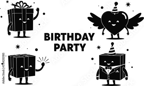 Birthday party vector cartoon illustration black and white