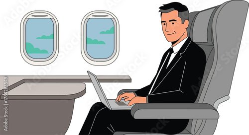 Business travel man working on laptop in airplane seat