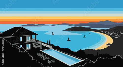 Luxury villa with pool overlooking ocean and sailboats vector
