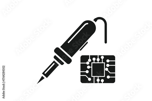 Soldering iron and microchip isolated on white background for electronics repair and circuit board assembly projects