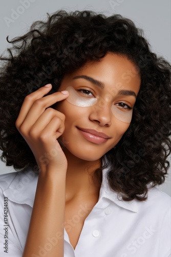 Young african female skincare routine with under-eye patches