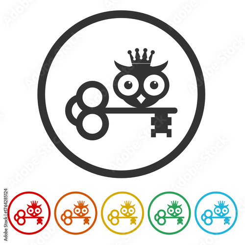 Owl with key and crown logo. Set icons in color circle buttons