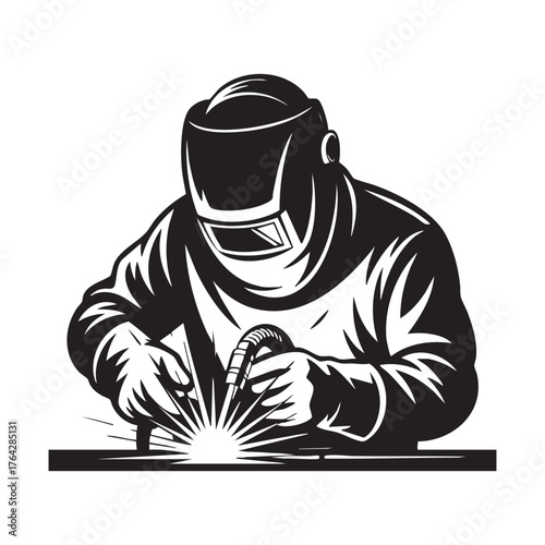 Black and white illustration of a welder in protective gear creating sparks welding metalwork