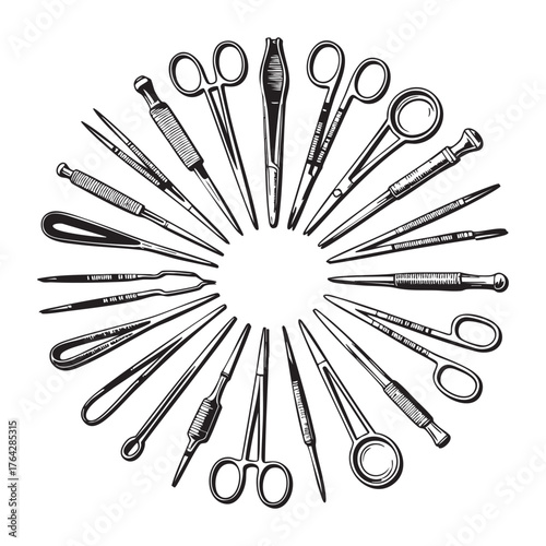Black and White Illustration of Surgical Instruments Arranged in a Circle medical tools