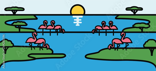 Flamingo birds in the lake at sunset