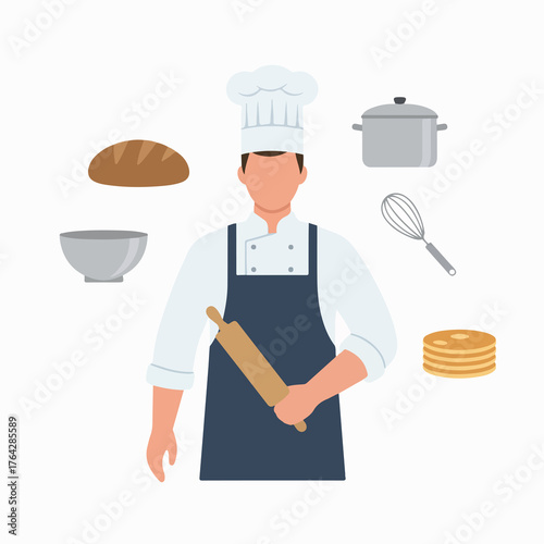 Skilled chef with rolling pin surrounded by baking ingredients and tools