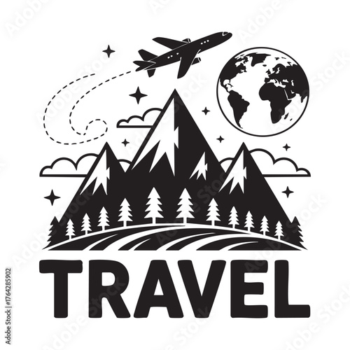 Black silhouette airplane flying over mountains and globe with word travel flight earth