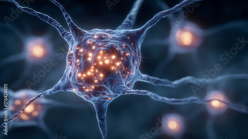 Glowing neurons on a dark background. Connectivity of neural connections in the brain.