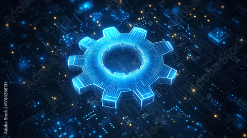 A gear wheel on a circuit board. The wheel is glowing neon blue.