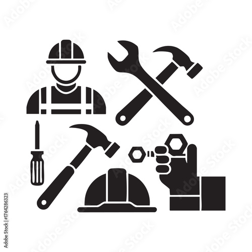Black silhouette icons of construction worker tools and safety helmet hammer wrench