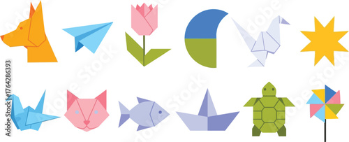 Origami animals paper art vector illustration design set cute