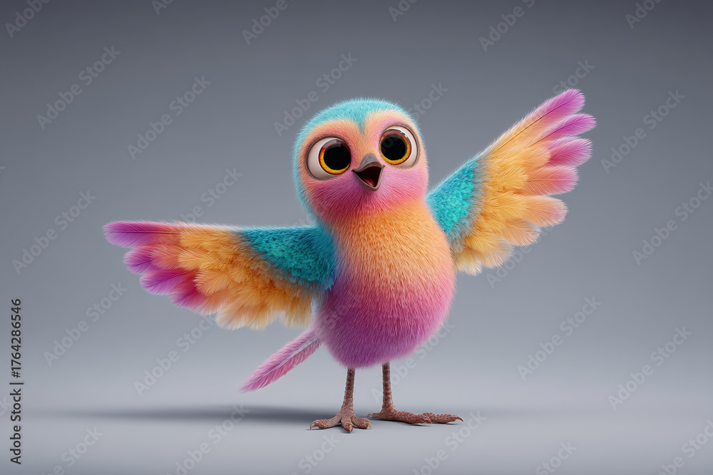 Obraz premium Cute cartoon bird with vibrant feathers outstretched, standing against a neutral backdrop, radiating joy and inviting interaction.