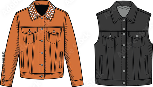 Fashion jackets collection, orange studded collar coat, black sleeveless vest, stylish outerwear design, modern clothing accessory, cad drawing flat vector illustration