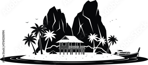 Island paradise vector illustration with tropical beach house