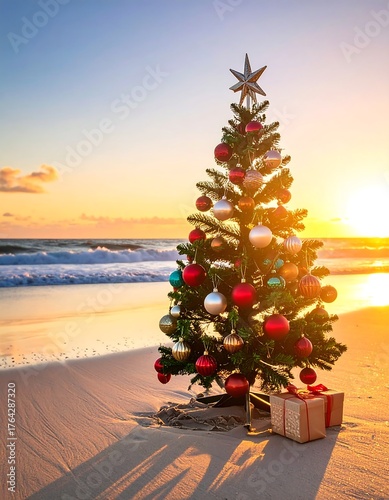 Festive evergreen decorated on a sandy beach with a setting sun