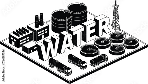 Isometric water treatment plant illustration for water industry