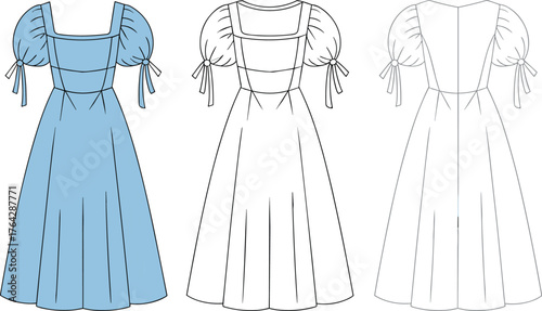 Square neckline puff sleeve dress, front and back views, fashion garment design, cad drawing flat vector illustration, stylish clothing layout