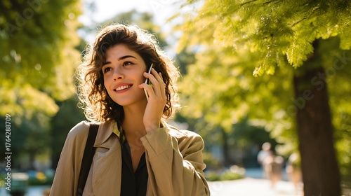 Millennial woman conversing on her cell phone while enjoying a leisurely stroll in a park