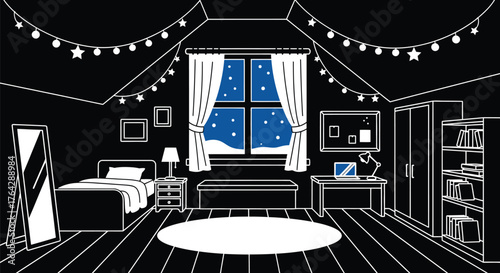 Cozy winter bedroom attic illustration with string lights decor