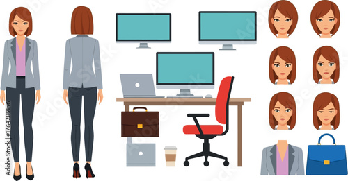 Businesswoman character design office desk and face expressions